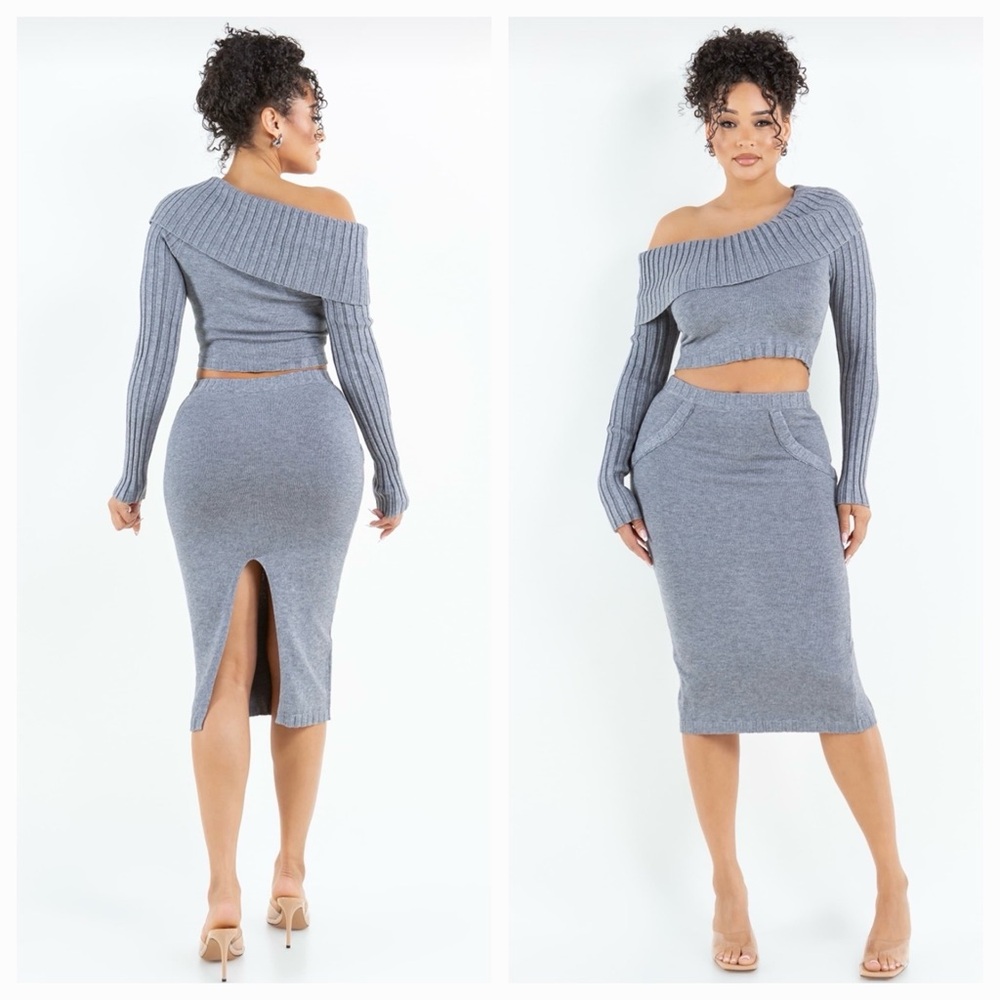 Hera Collection Gray Off-Shoulder Midi Skirt Set